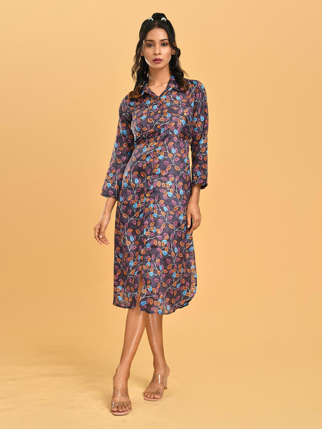 

Disli Conversational Printed Shirt Collar Shirt Midi Dress, Black