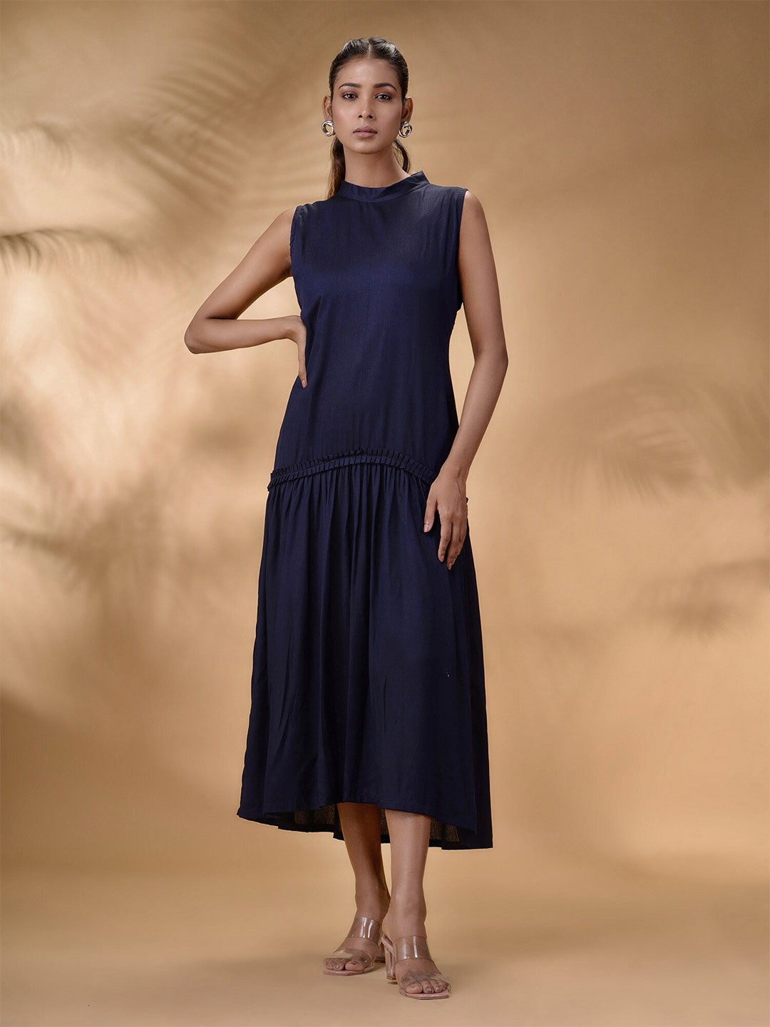 

Disli High Neck Gathered Cotton Drop-Waist Midi Dress, Blue