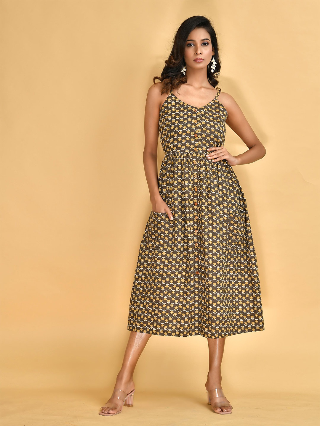 

Disli Floral Printed Shoulder Strap Gathered Cotton A-Line Midi Dress, Brown