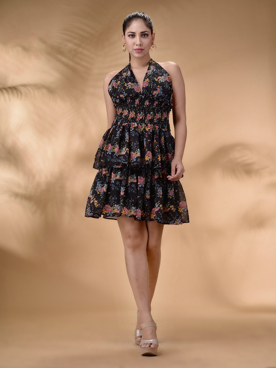 

Disli Floral Printed Halter Neck Layered Georgette Fit & Flare Dress, Black