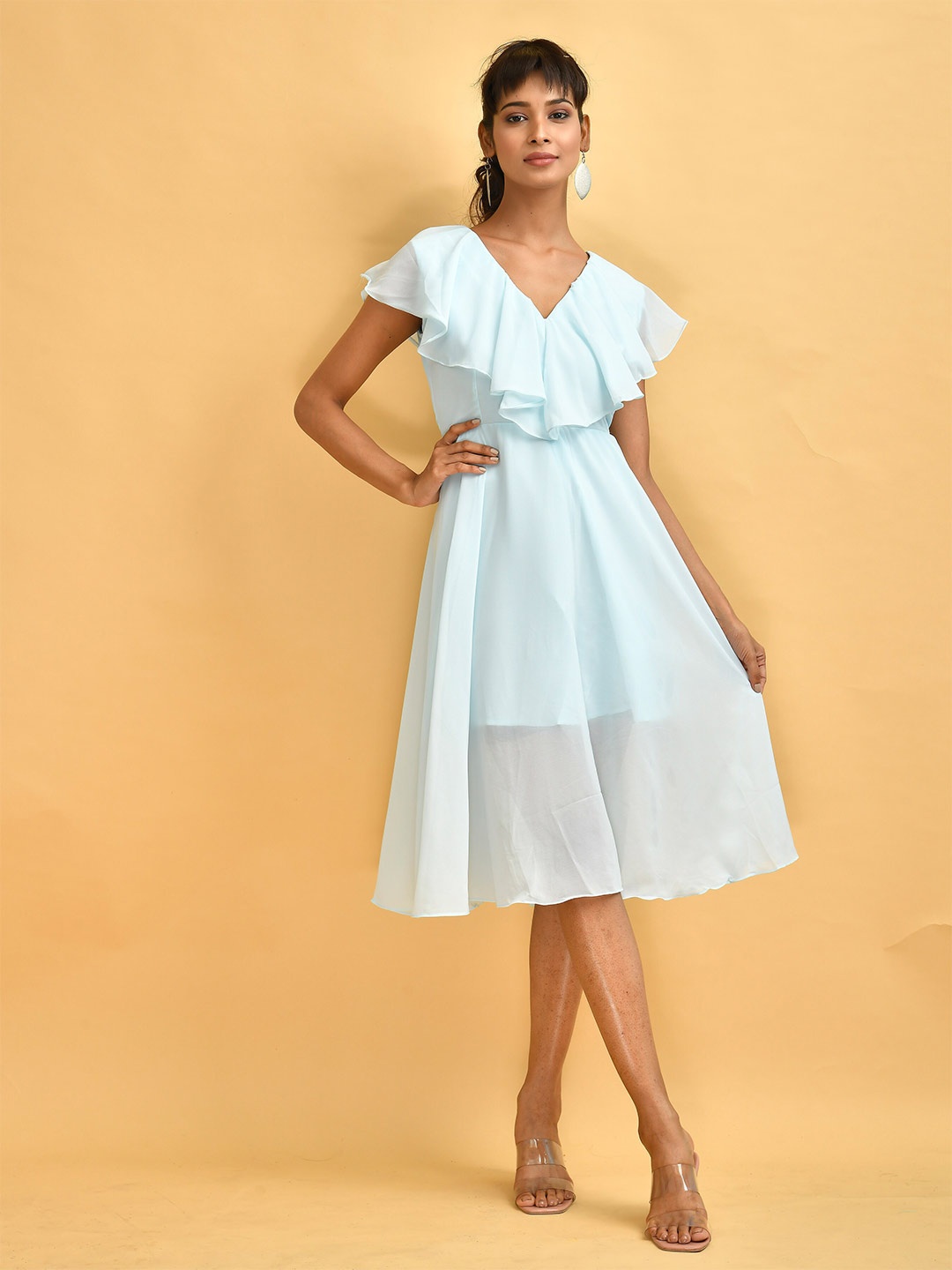 

Disli V-Neck Cape Sleeves Gathered Georgette Fit & Flare Dress, Blue