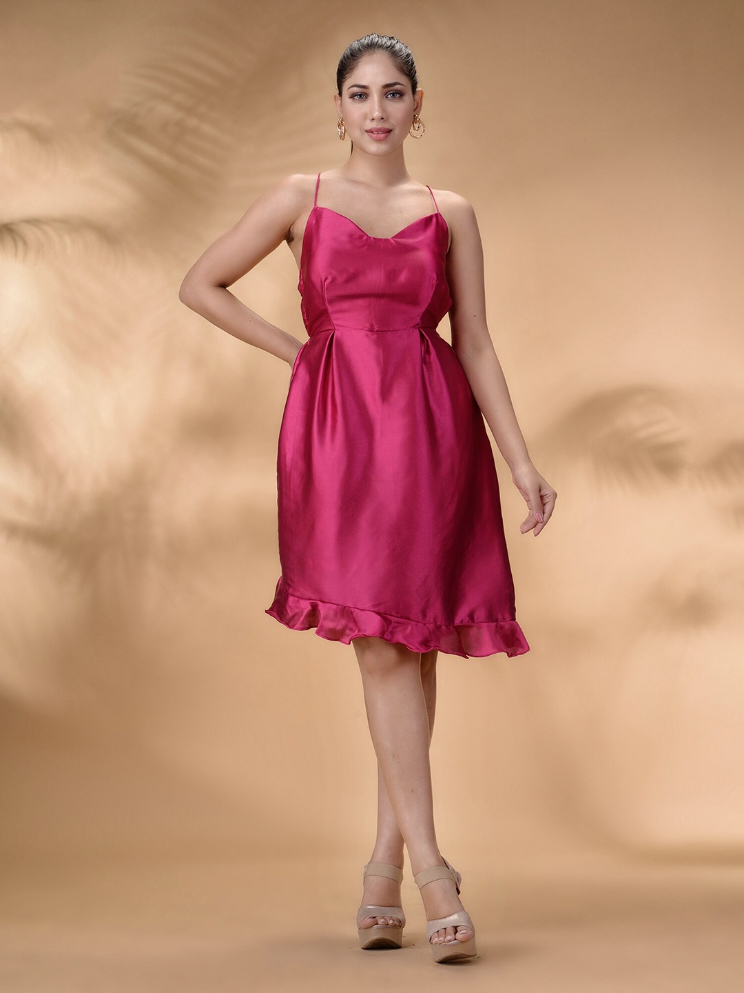 

Disli Shoulder Strap Gathered Fit & Flare Dress, Pink