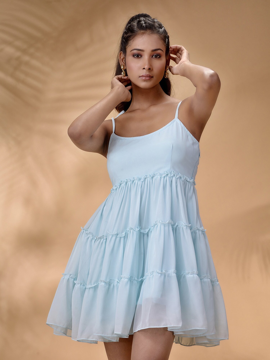 

Disli Shoulder Strap Tiered Ruffles Georgette Fit & Flare Dress, Blue