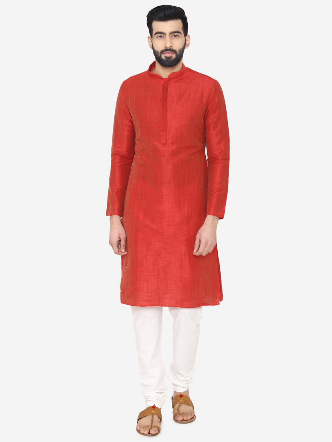 

Manyavar Men Red & Beige Self Design Kurta with Churidar