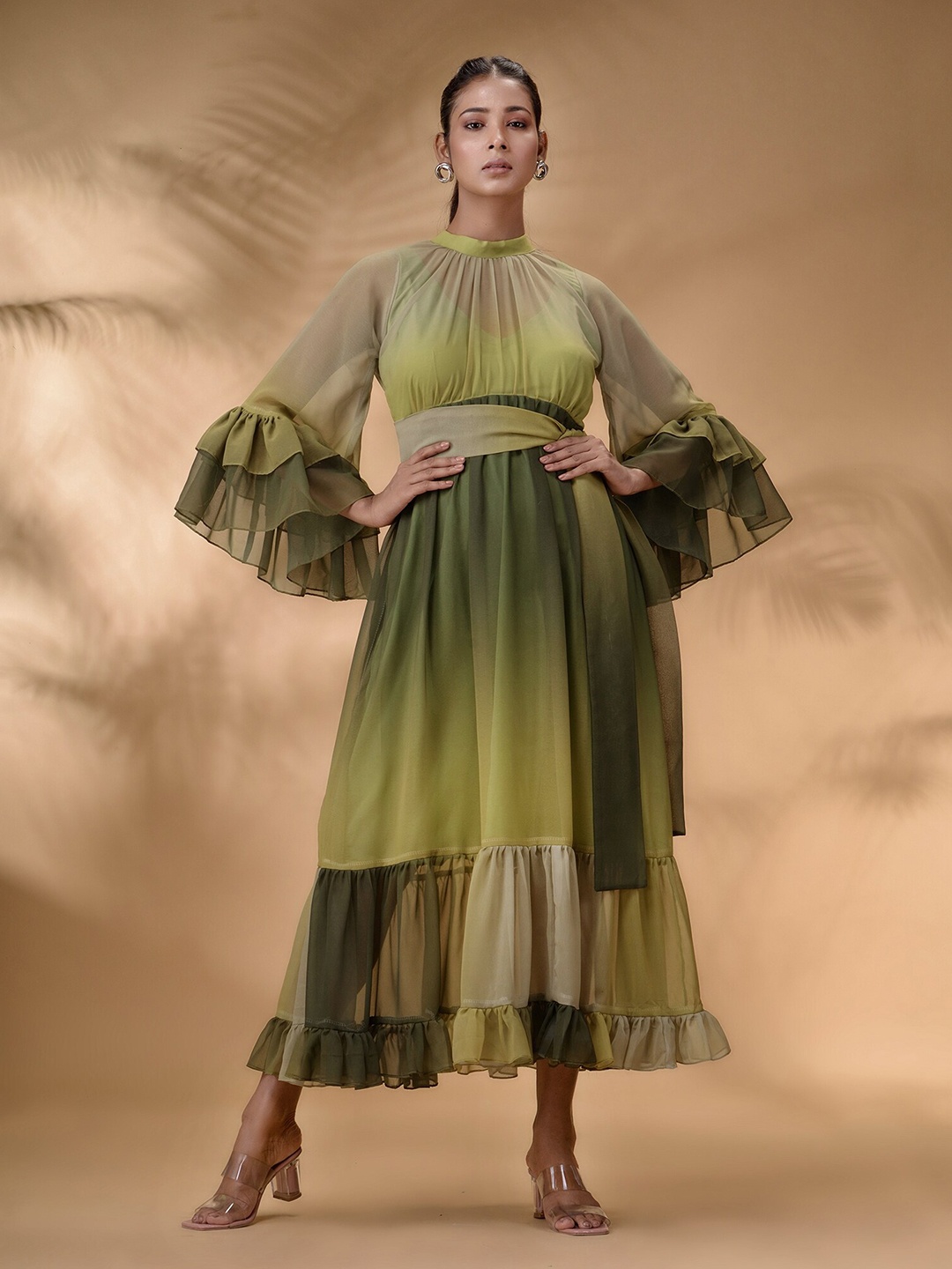 

Disli Ombre Dyed High Neck Bell Sleeves Gathered Georgette Fit & Flare Midi Dress, Green