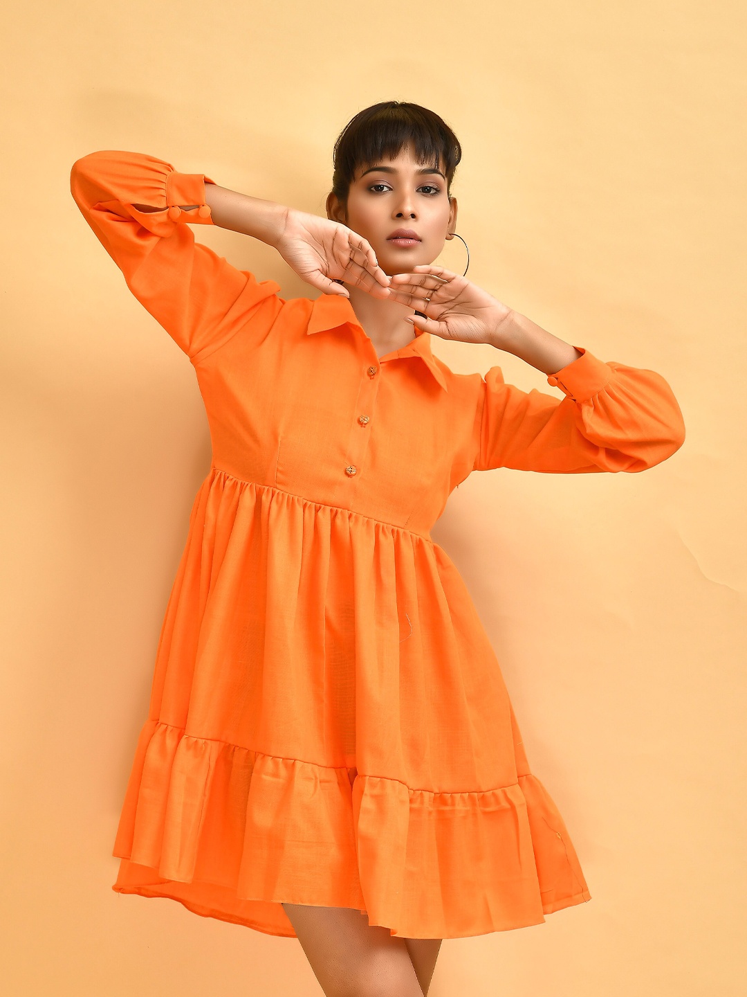 

Disli Shirt Collar Cuffed Sleeves Gathered Cotton Fit & Flare Dress, Orange