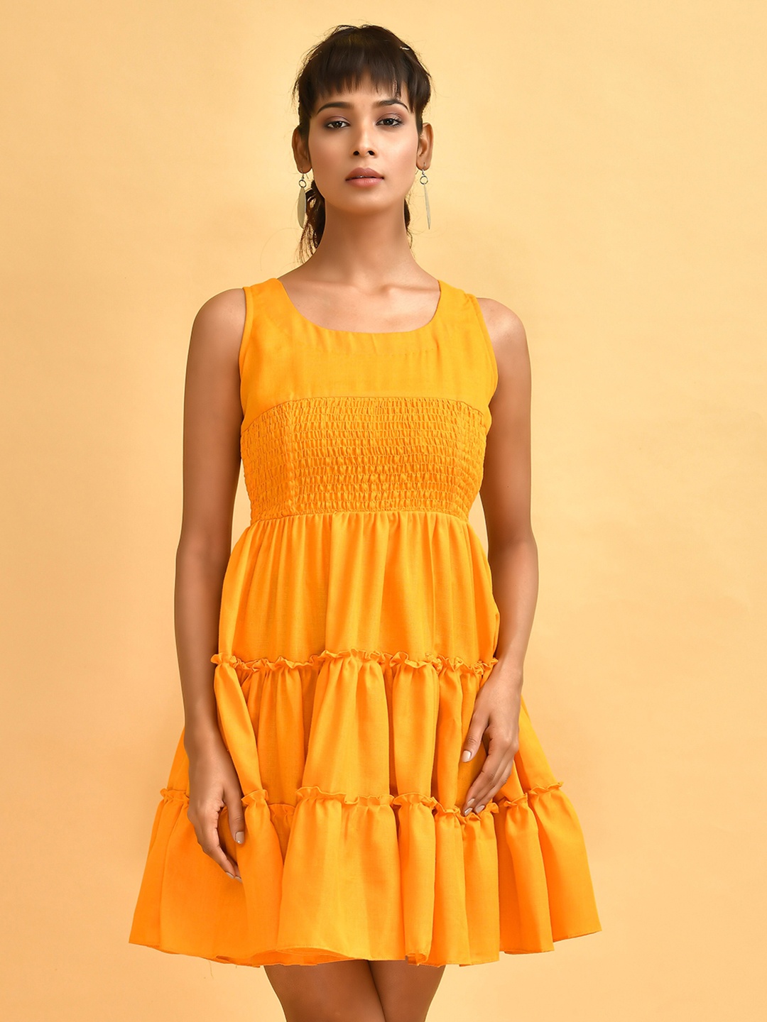 

Disli Round Neck Smocked Cotton Fit & Flare Dress, Yellow