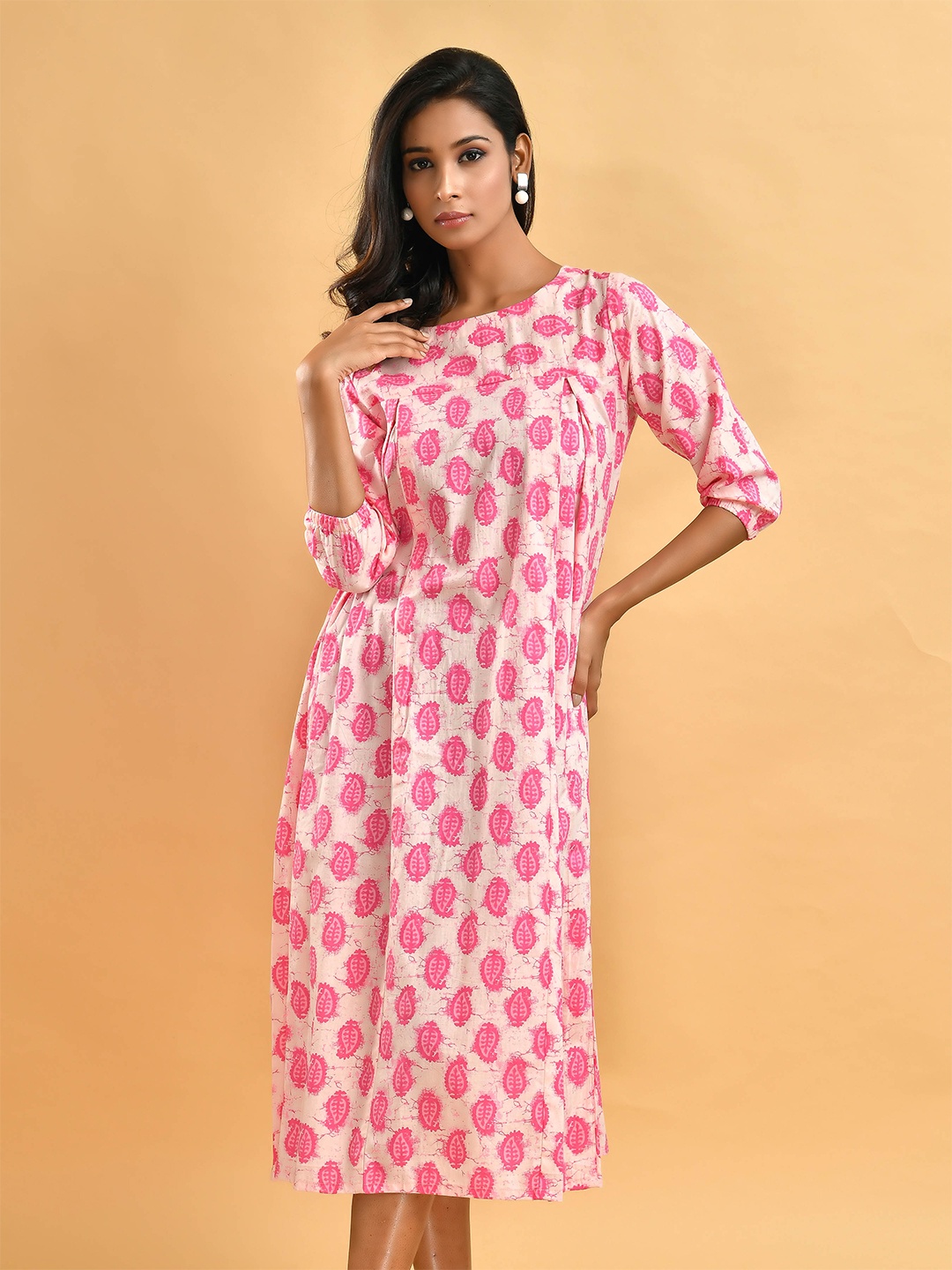 

Disli Ethnic Motifs Printed Round Neck Cotton A-Line Midi Dress, White
