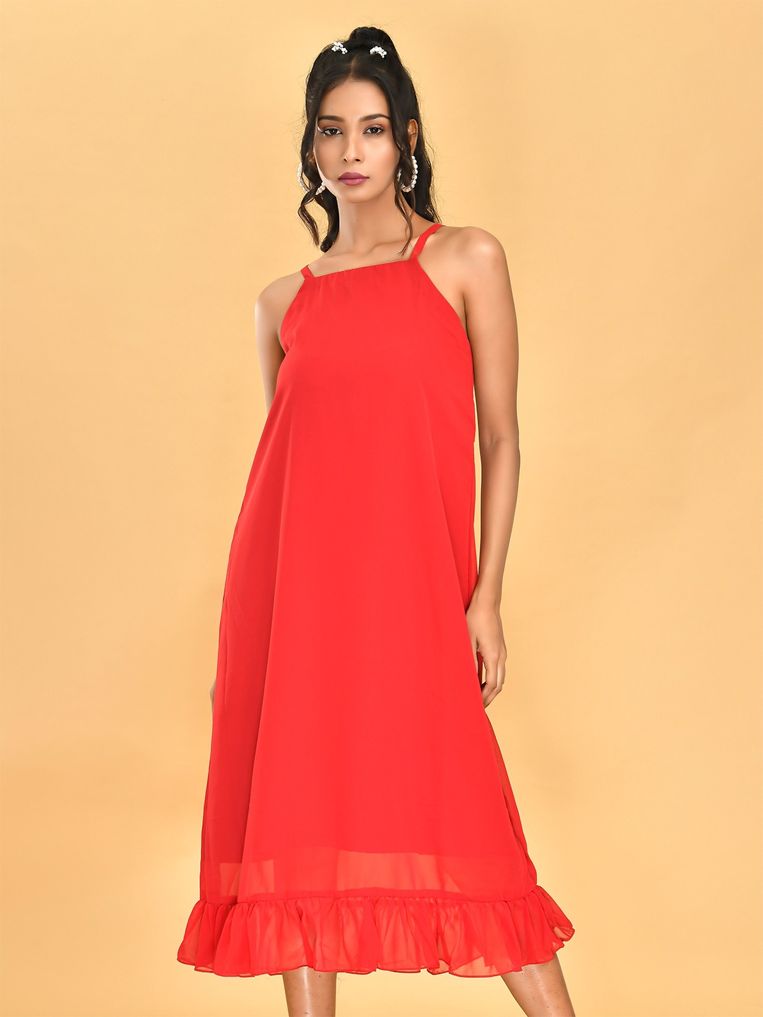 

Disli Shoulder Straps Georgette A-Line Midi Dress, Orange