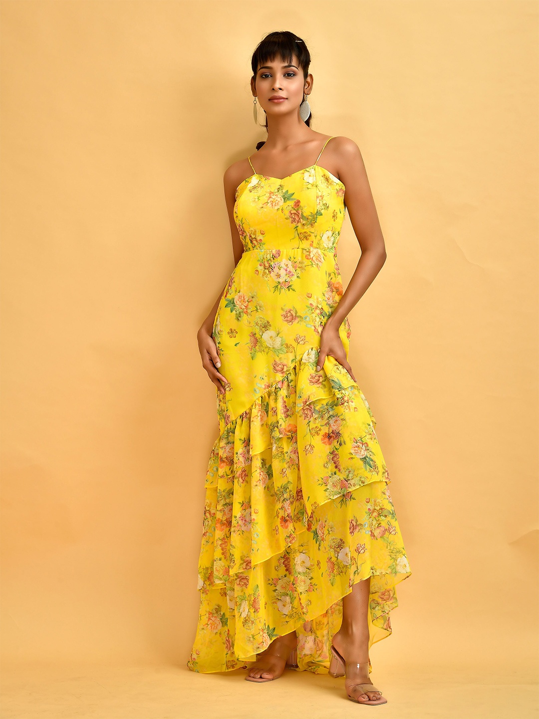

Disli Floral Printed Shoulder Straps Gathered Detailed Georgette Maxi Dress, Yellow