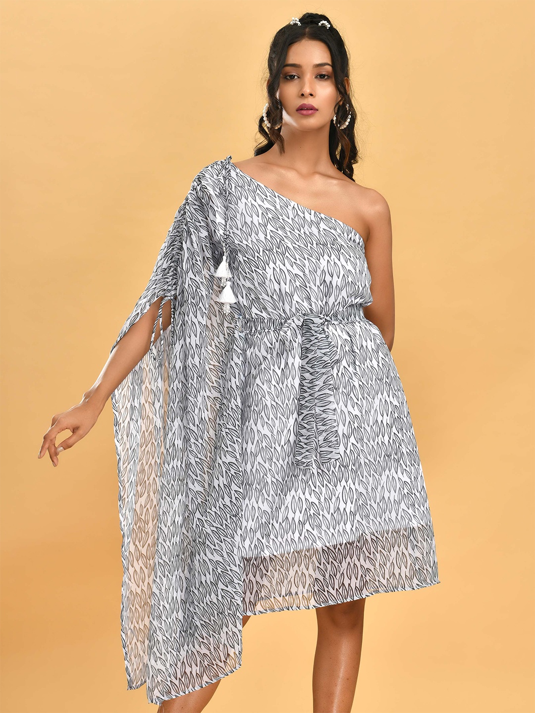 

Disli Tropical Printed One-Shoulder Georgette A-Line Dress, White