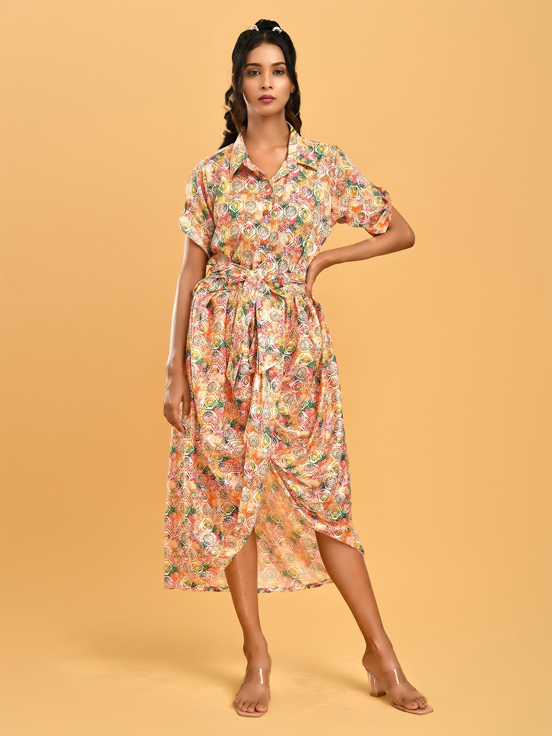 

Disli Ethnic Motifs Printed Shirt Collar Satin Fit & Flare Midi Dress, Cream