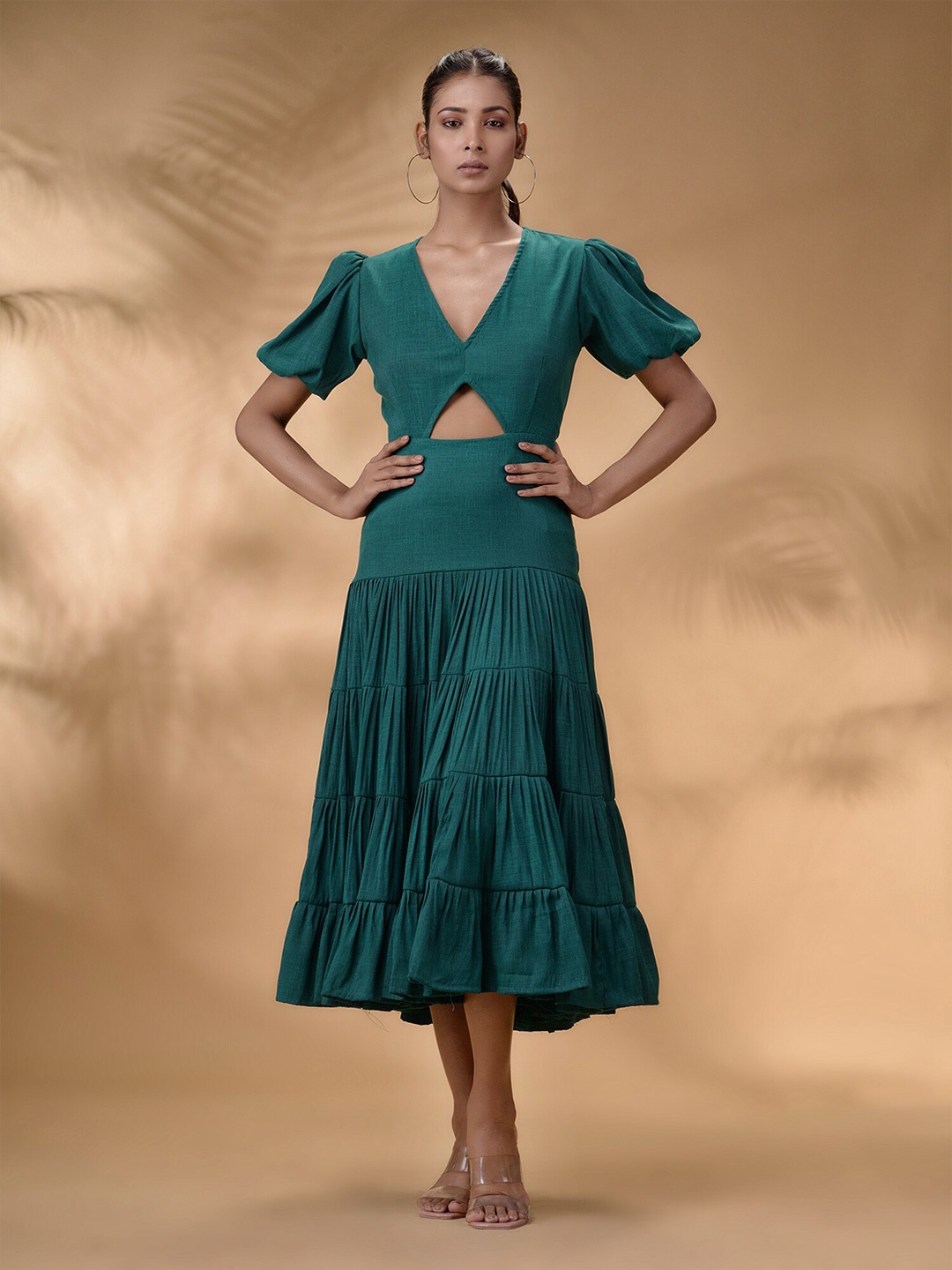 

Disli Puff Sleeves Gathered Detailed Fit & Flare Midi Dress, Teal