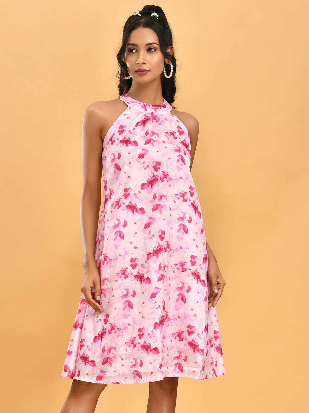 

Disli Floral Printed Halter Neck Chiffon A-Line Dress, White
