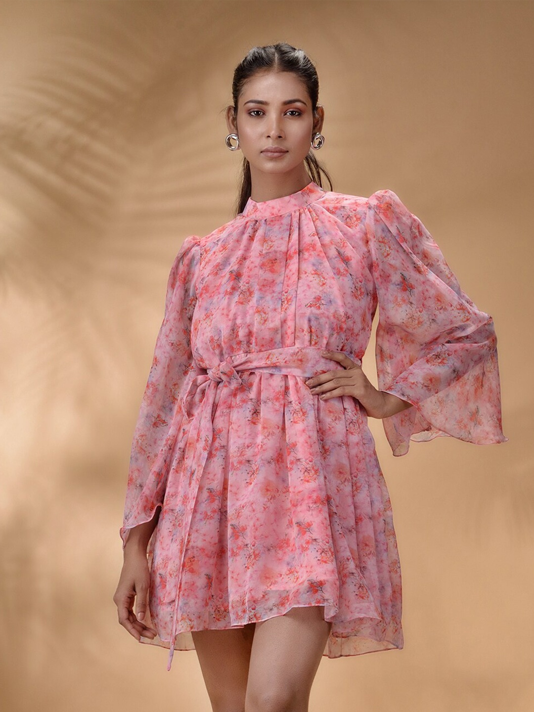 

Disli Floral Printed Flared Sleeve Georgette Fit & Flare Dress, Pink