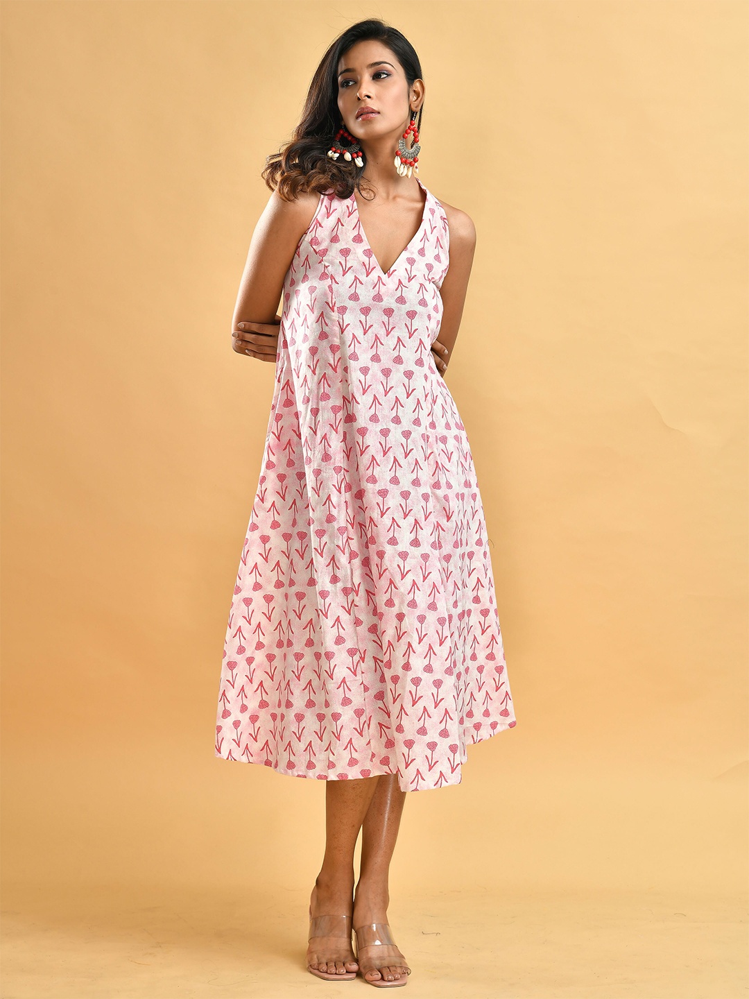 

Disli Floral Printed Halter Neck Cotton A-Line Midi Dress, White