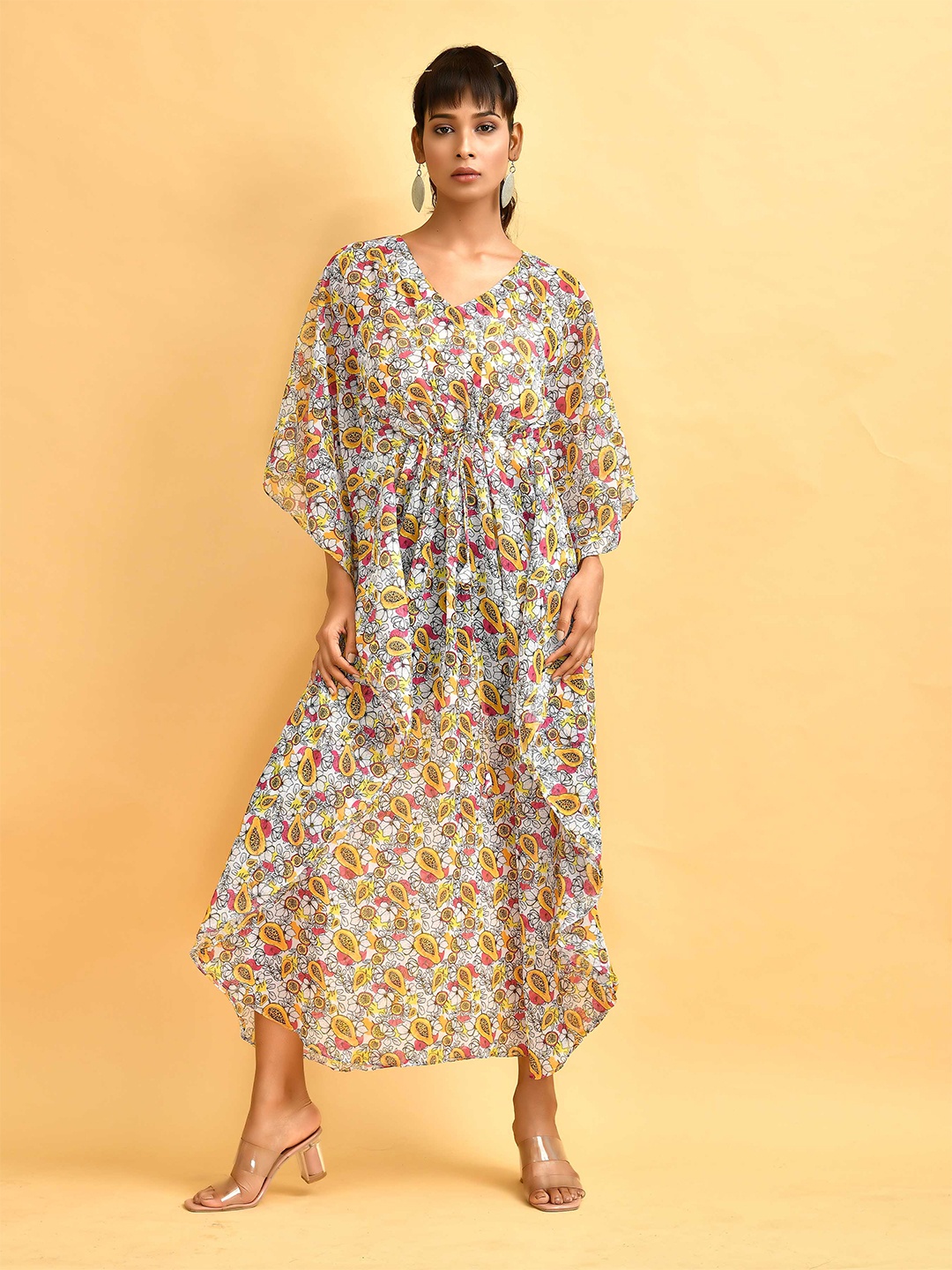 

Disli Conversational Printed Flared Sleeves Georgette kaftan Dress, White