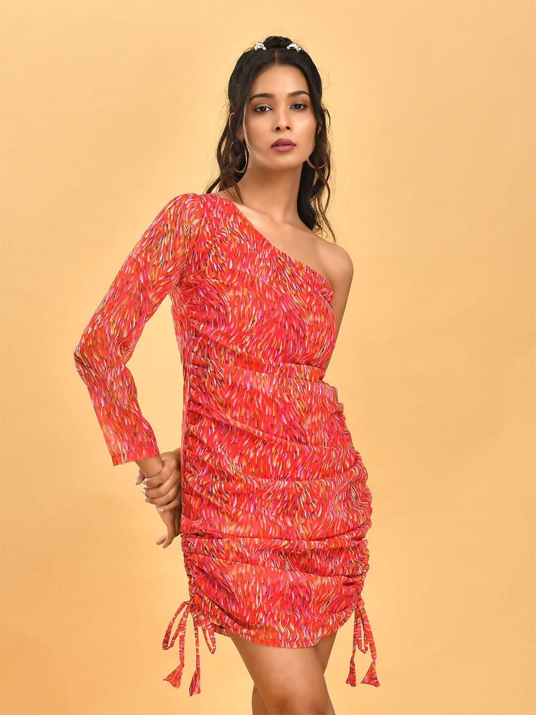 

Disli Abstract Printed One Shoulder Georgette Sheath Dress, Orange