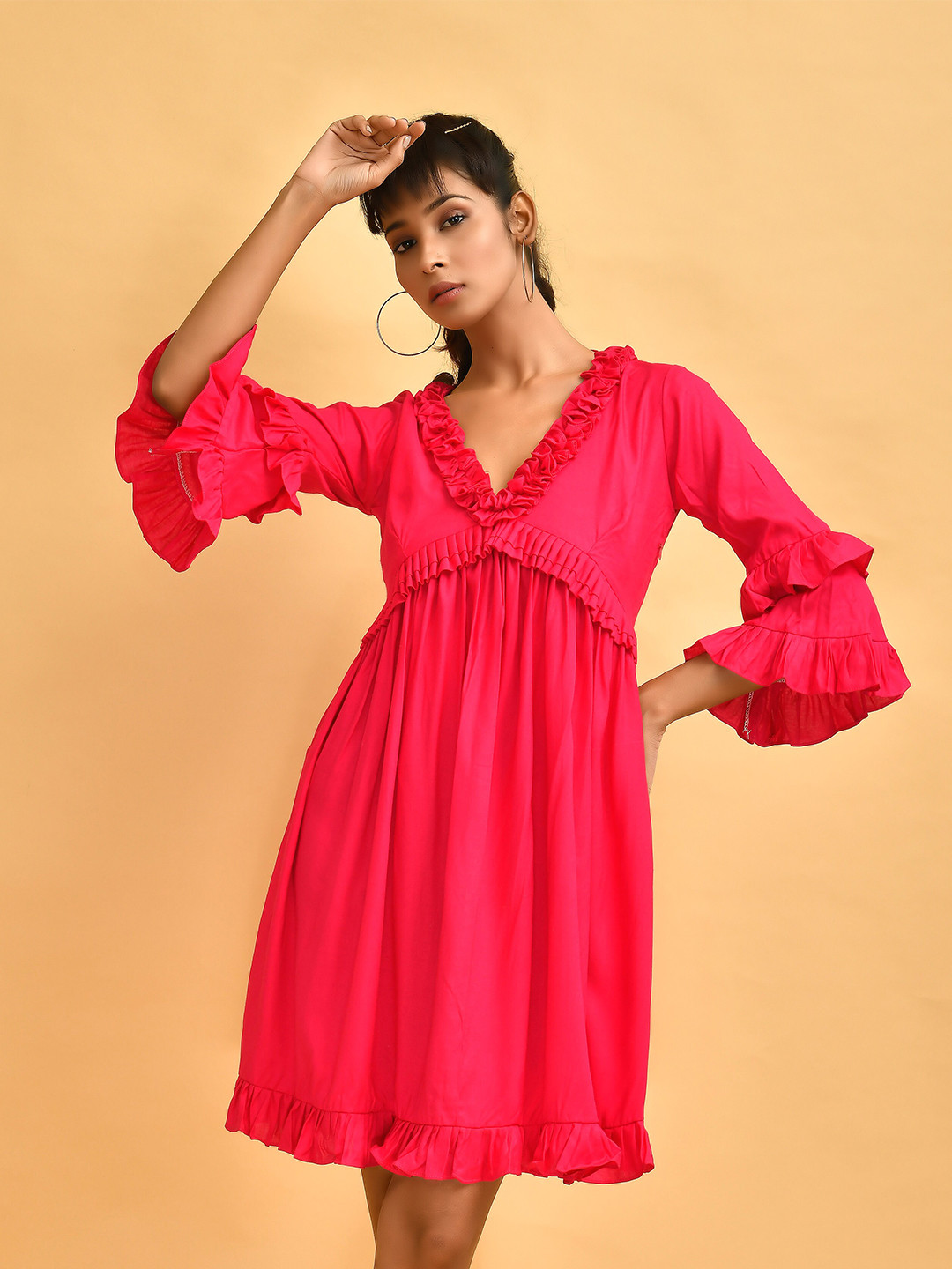 

Disli Pink Bell Sleeves Ruffled Cotton Empire Dress