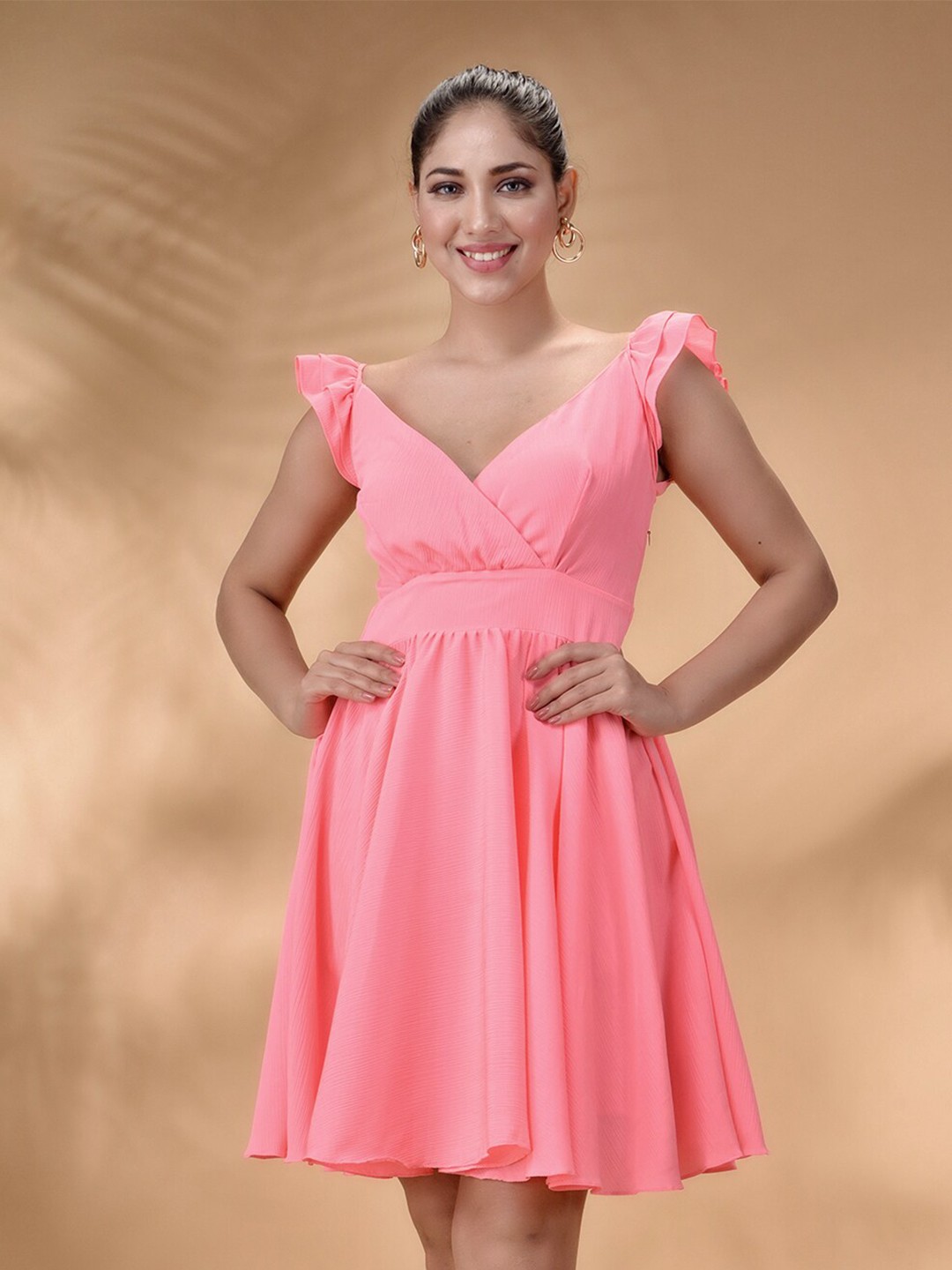 

Disli Flutter Sleeves Georgette Fit & Flare Dress, Pink