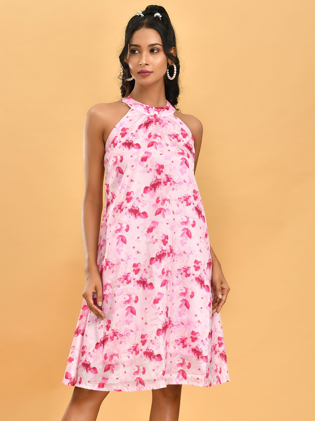 

Disli Floral Printed Halter Neck Chiffon A-Line Dress, Pink
