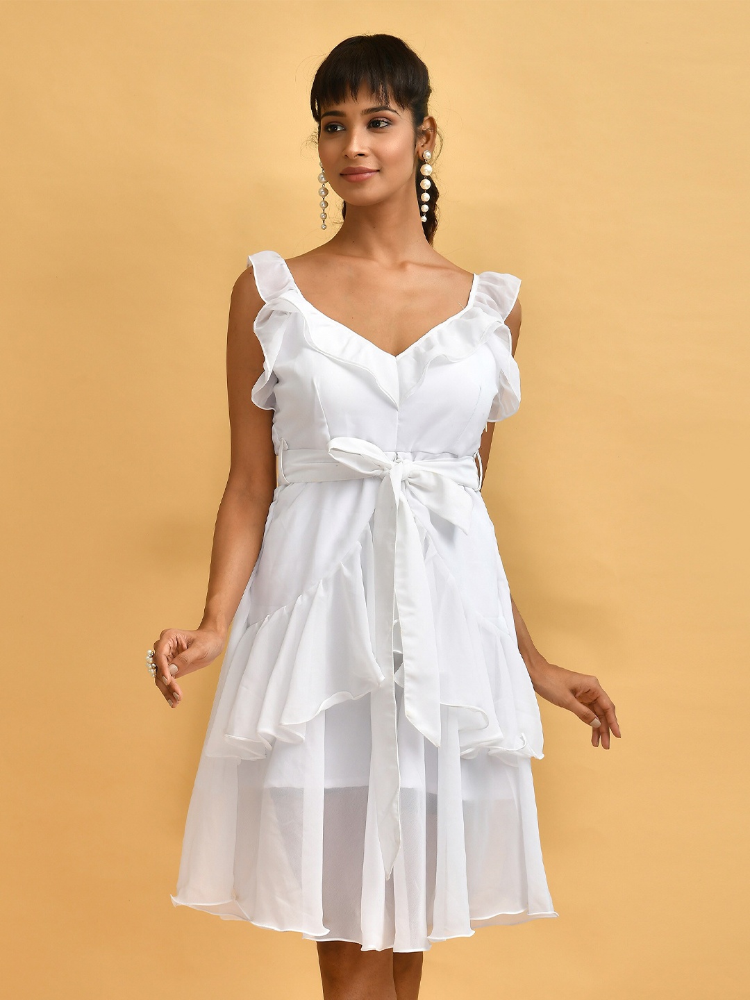 

Disli V-Neck Ruffled Georgette Fit & Flare Dress, White