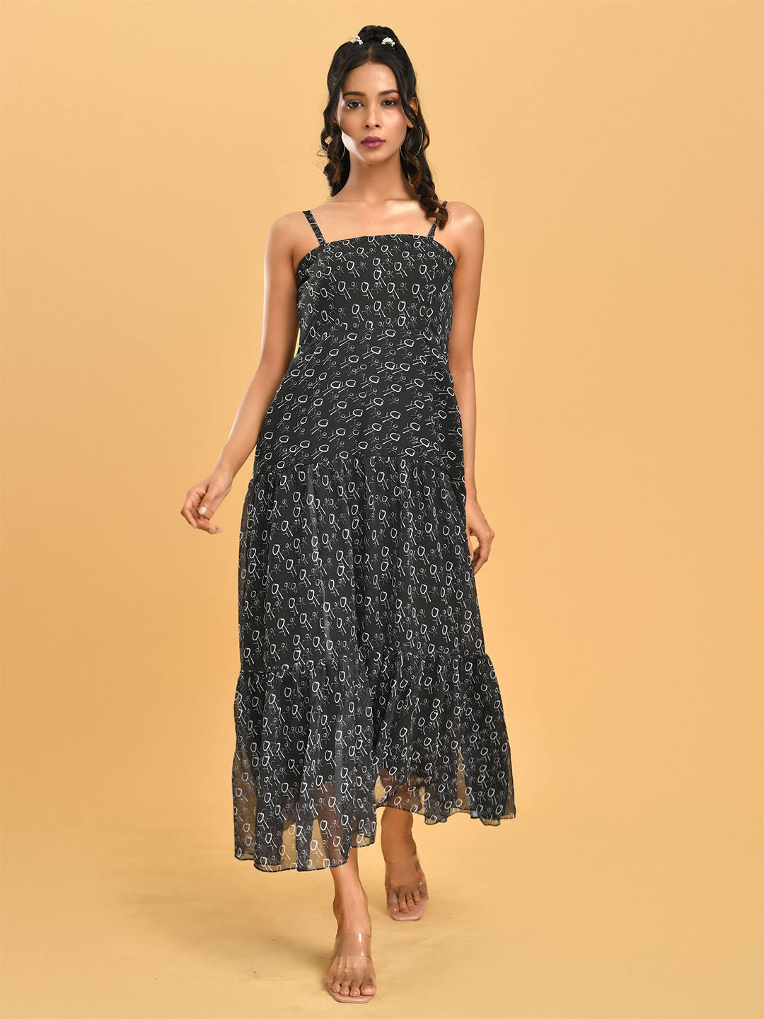 

Disli Abstract Printed Tiered Georgette A-Line Dress, Black