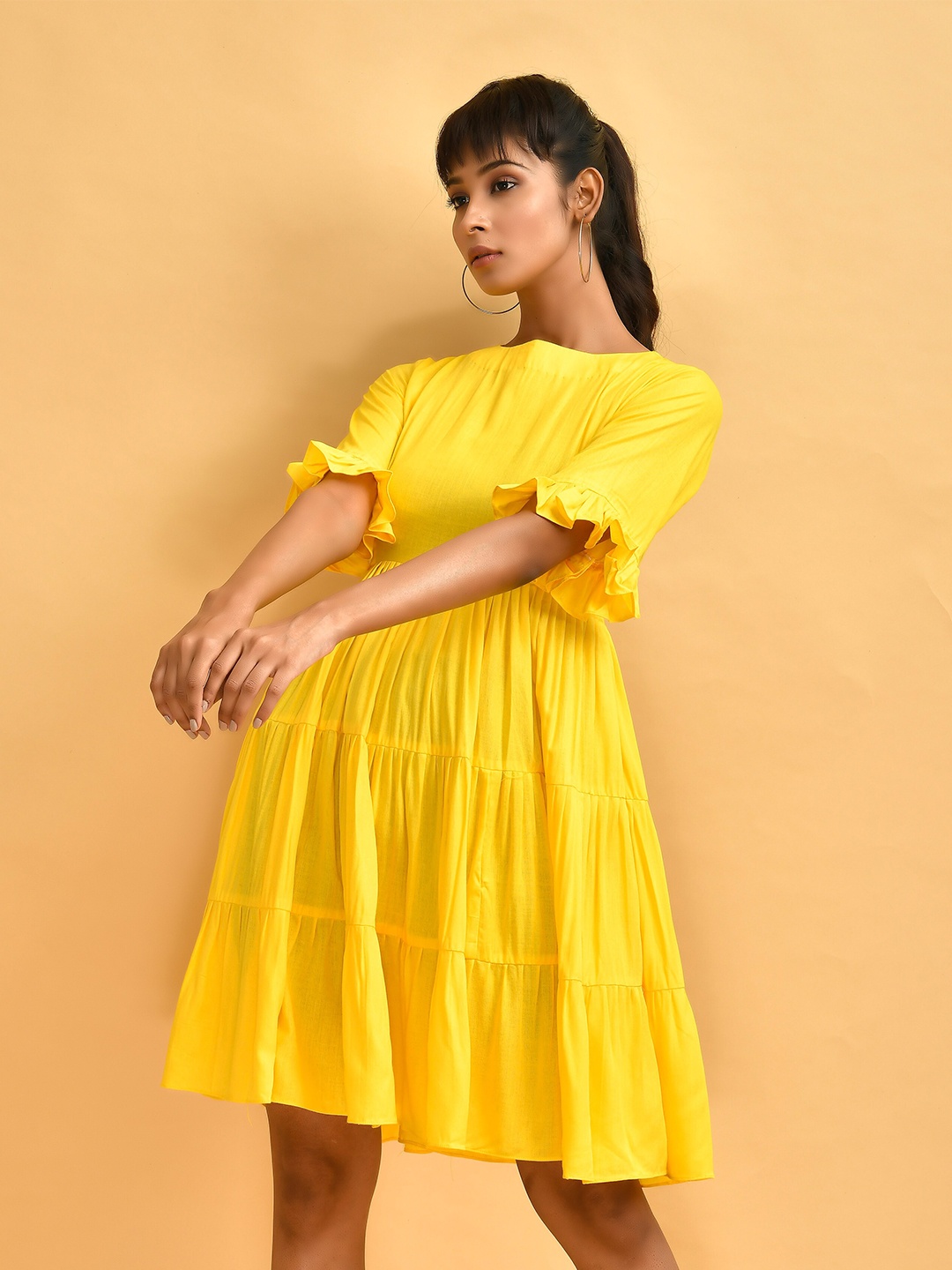 

Disli Round Neck Tiered Fit & Flare Dress, Yellow