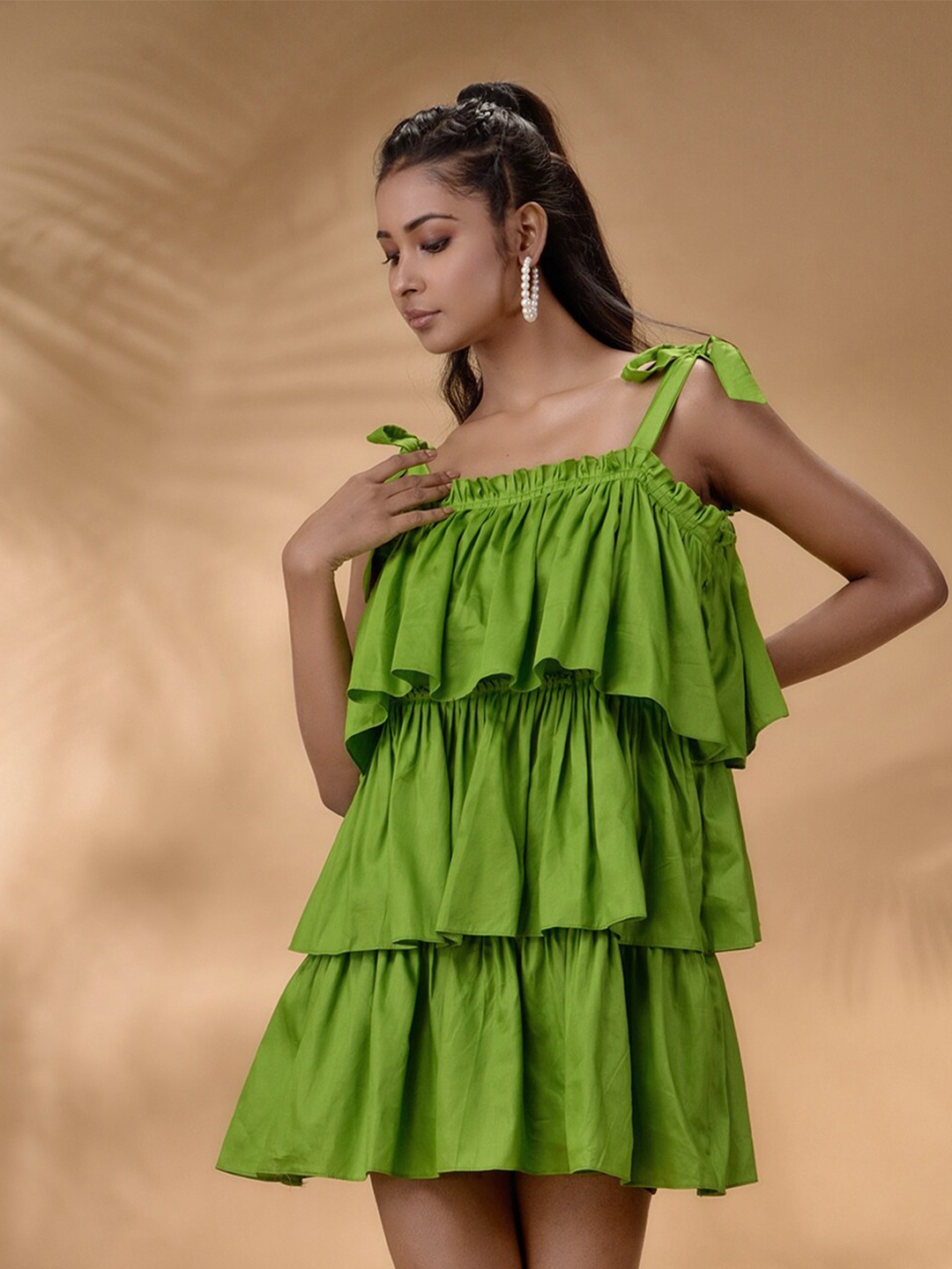 

Disli Shoulder Straps Ruffled Cotton A-Line Dress, Green