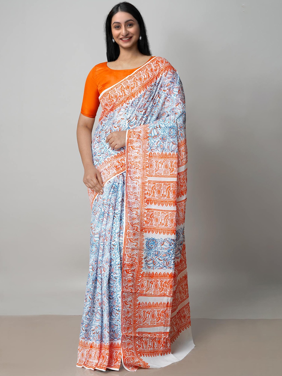 

Unnati Silks Ethnic Motifs Block Printed Pure Cotton Saree, White
