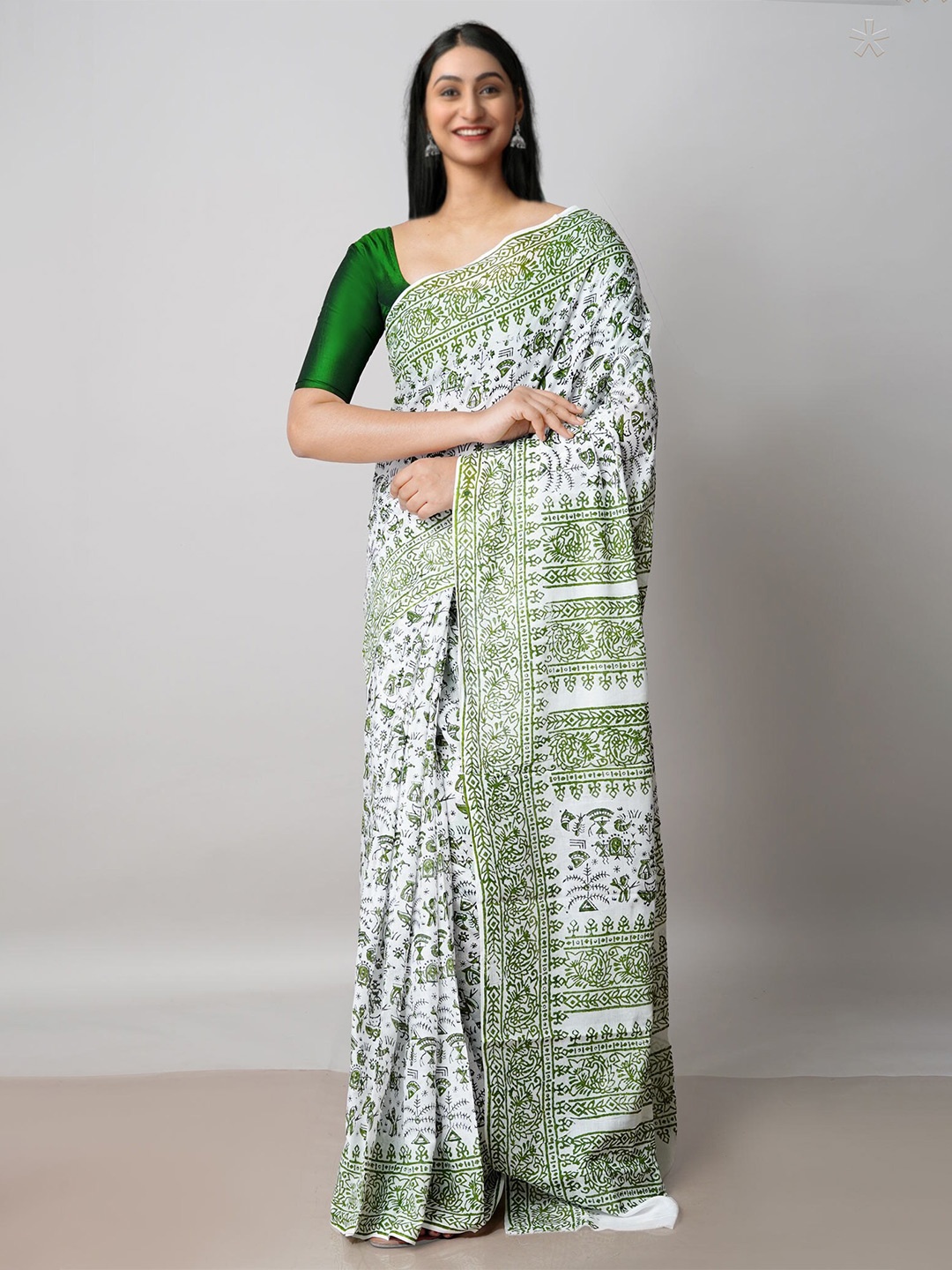 

Unnati Silks Ethnic Motifs Printed Pure Cotton Block Print Saree, White