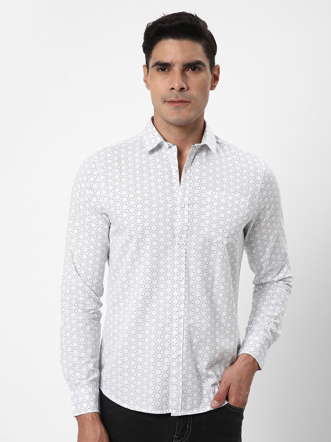 

R&B Micro Ditsy Printed Slim Fit Cotton Casual Shirt, White