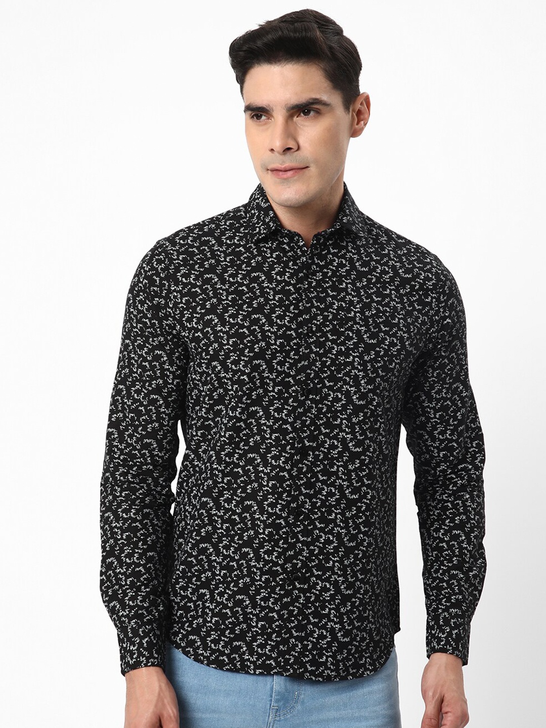 

R&B Abstract Printed Slim Fit Cotton Casual Shirt, Black