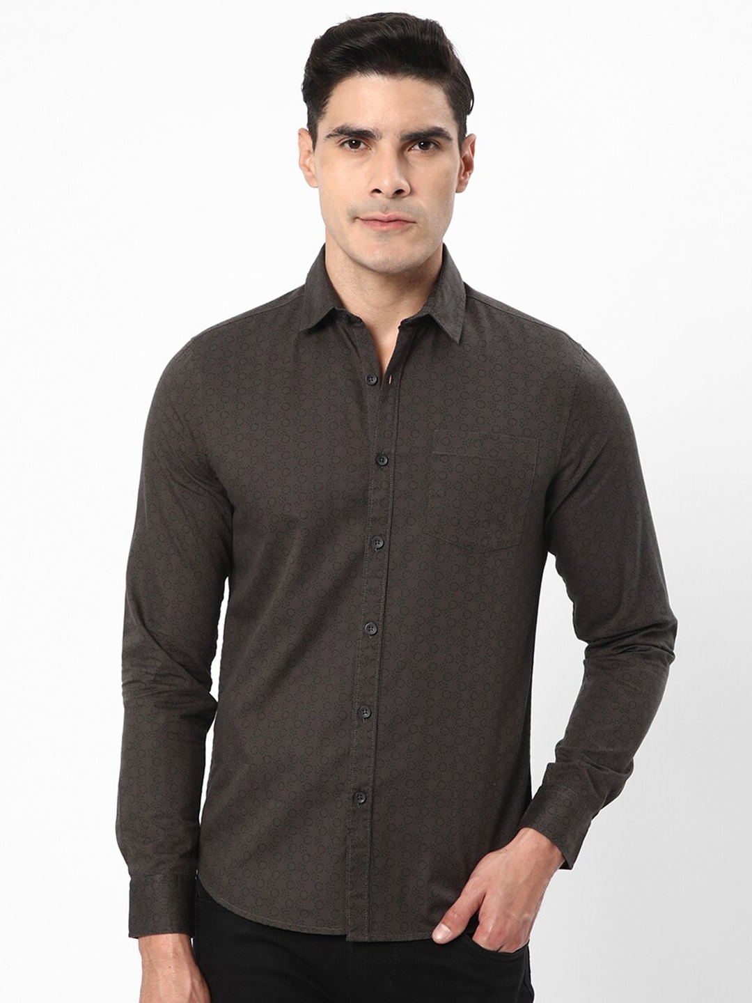 

R&B Micro Ditsy Printed Slim Fit Cotton Casual Shirt, Olive