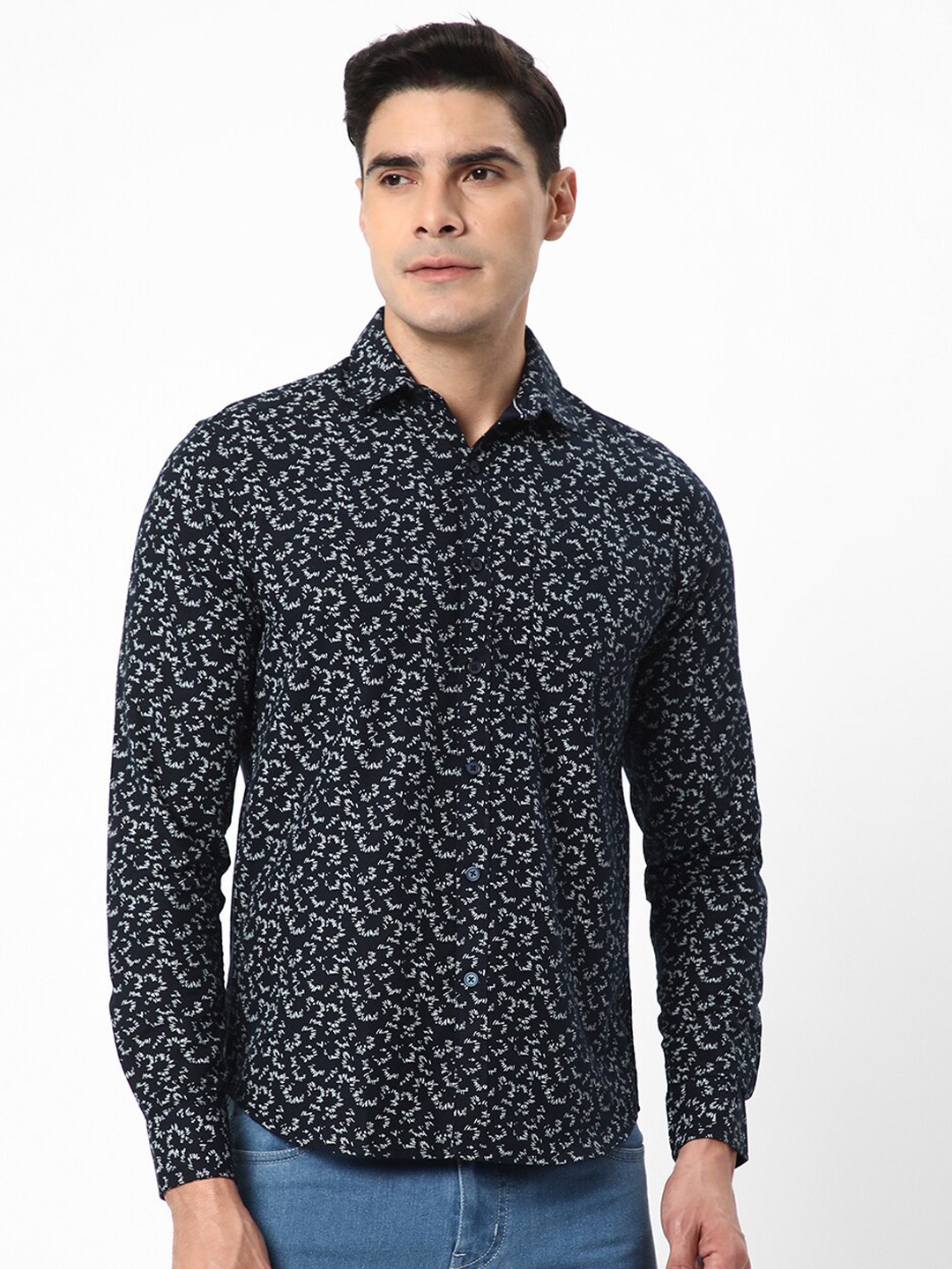 

R&B Abstract Printed Slim Fit Cotton Casual Shirt, Blue