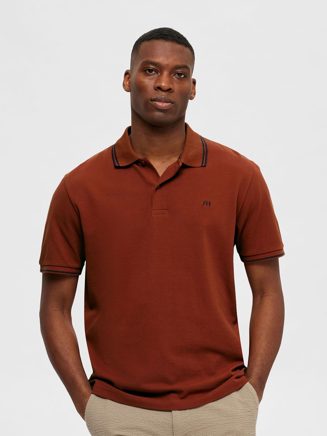 

SELECTED Polo Collar Short Sleeves Slim Fit Organic Cotton T-shirt, Brown