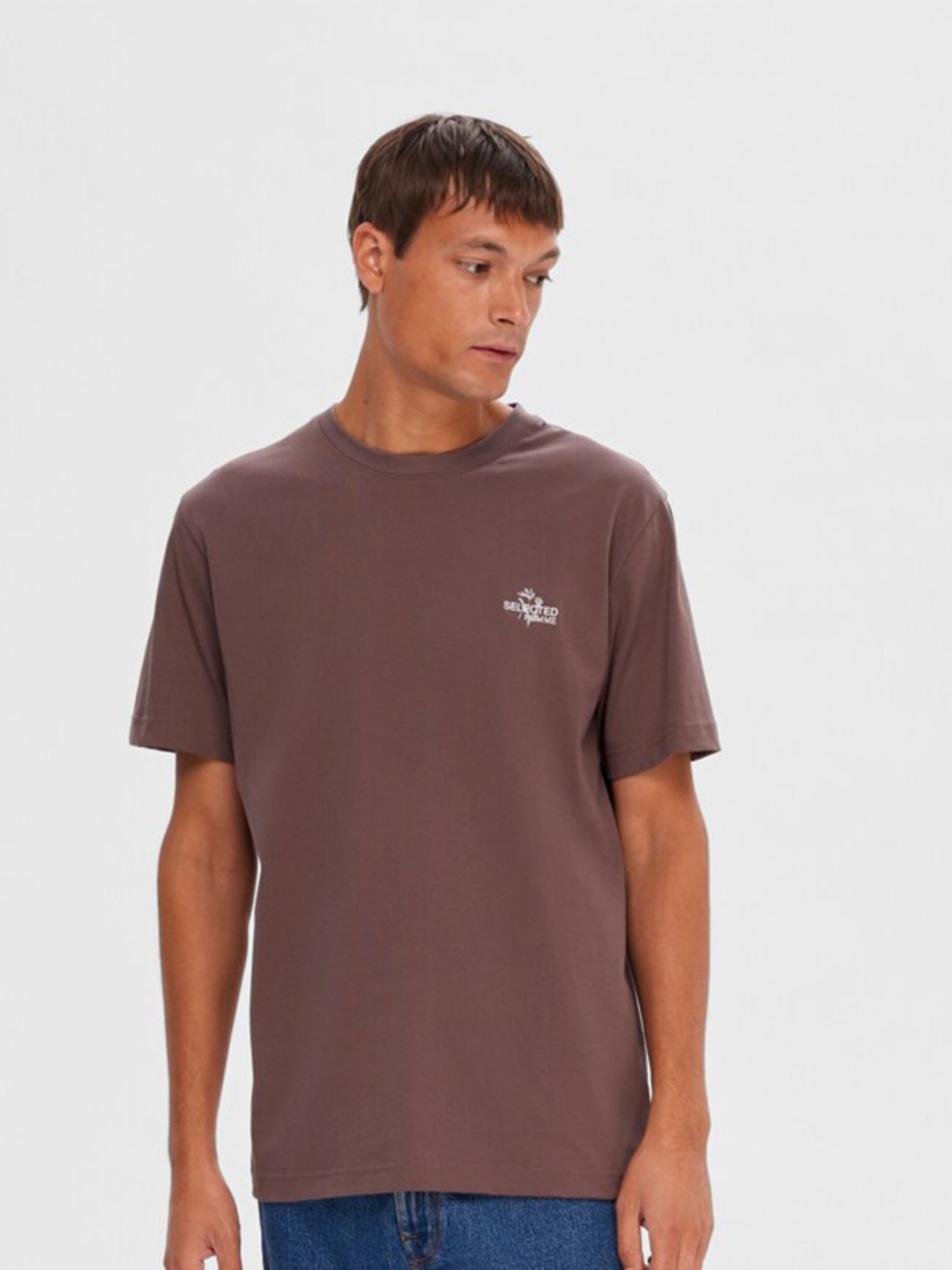 

SELECTED Round Neck short Sleeves Organic Cotton Slim Fit T-shirt, Brown