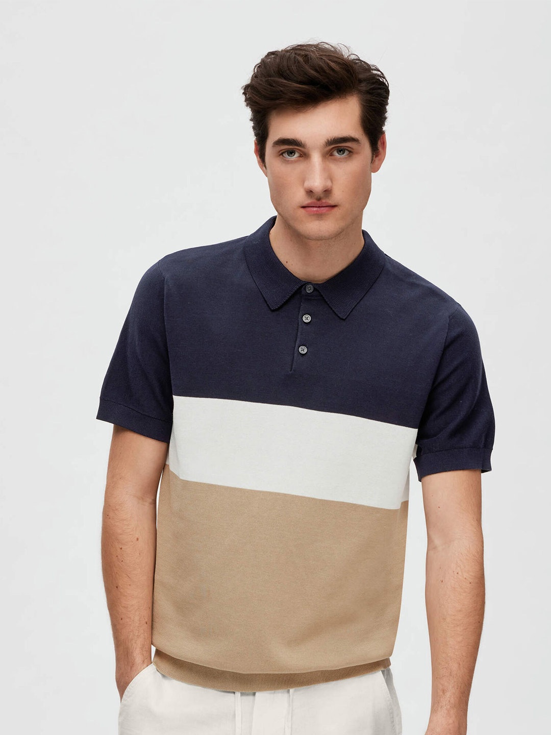 

SELECTED Colourblocked Polo Collar Regular Fit Casual T-shirt, Navy blue