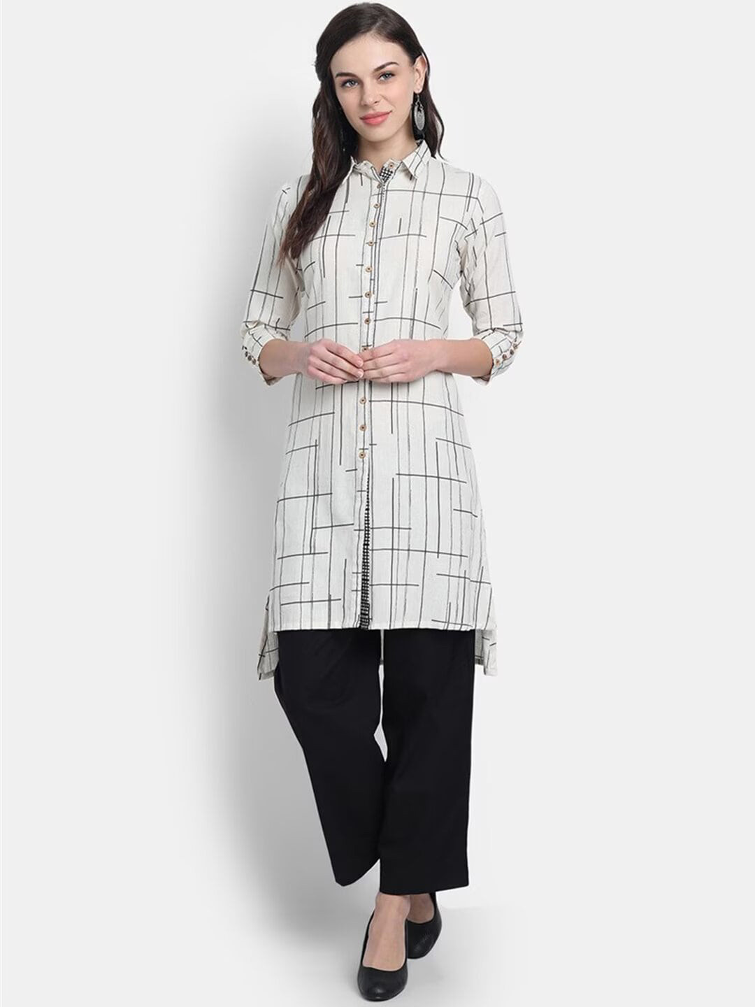 

SUTI Geometric Printed Shirt Collar Roll-Up Sleeves High-Low Kurta, Off white