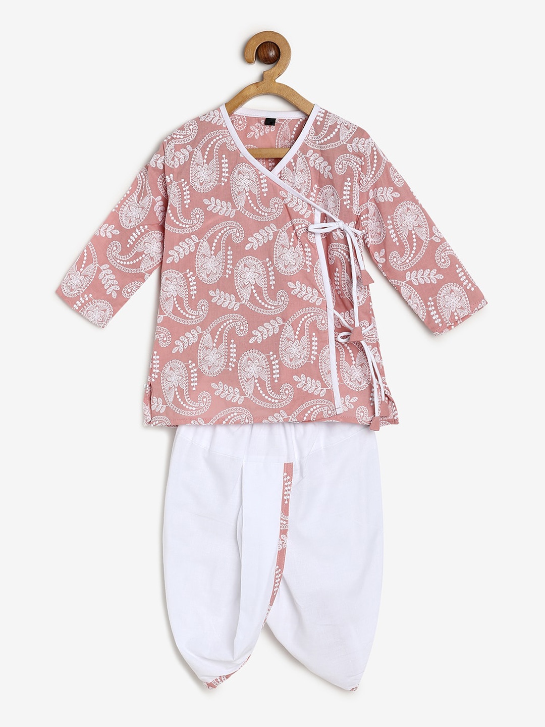 

CHAYIM Boys Paisley Embroidered Angrakha Kurta With Dhoti Pants, Pink