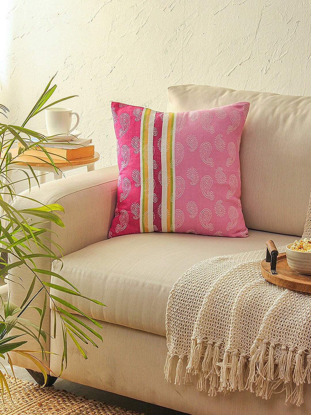 

House This 2 Pieces Pink & White Ethnic Motifs Cotton Square Cushion Covers