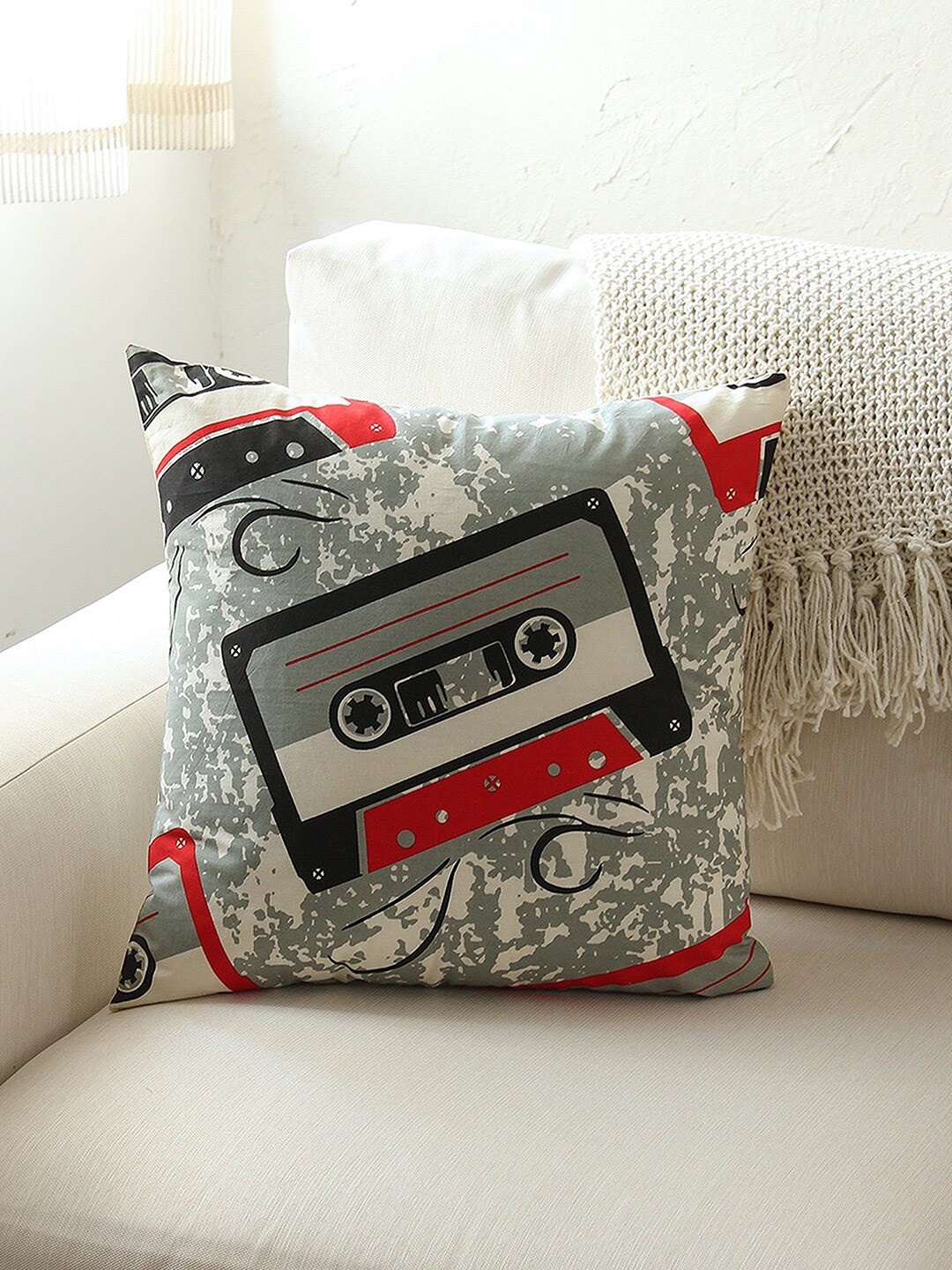 

House This 2 Pieces Red & Grey Abstract Cotton Square Cushion Covers