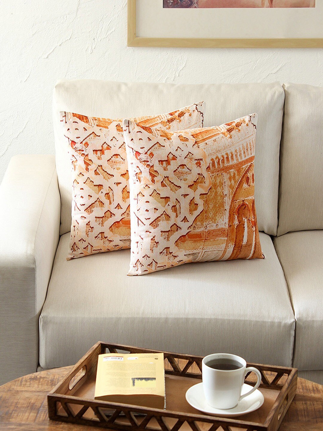 

House This 2 Pieces Pink & Beige Abstract Cotton Square Cushion Covers