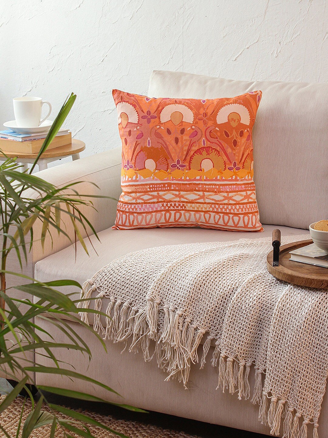 

House This 2 Pieces Pink & Orange Ethnic Motifs Cotton Square Cushion Covers