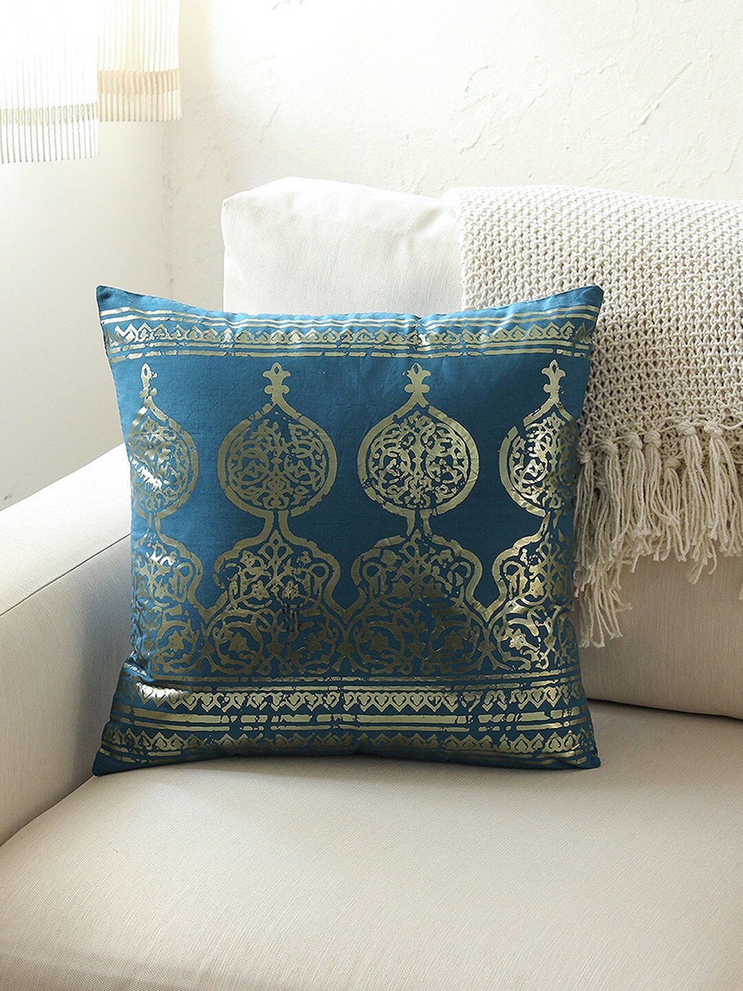 

House This Blue & Gold-Toned 2 Pieces Ethnic Motifs Printed Cotton Square Cushion Covers