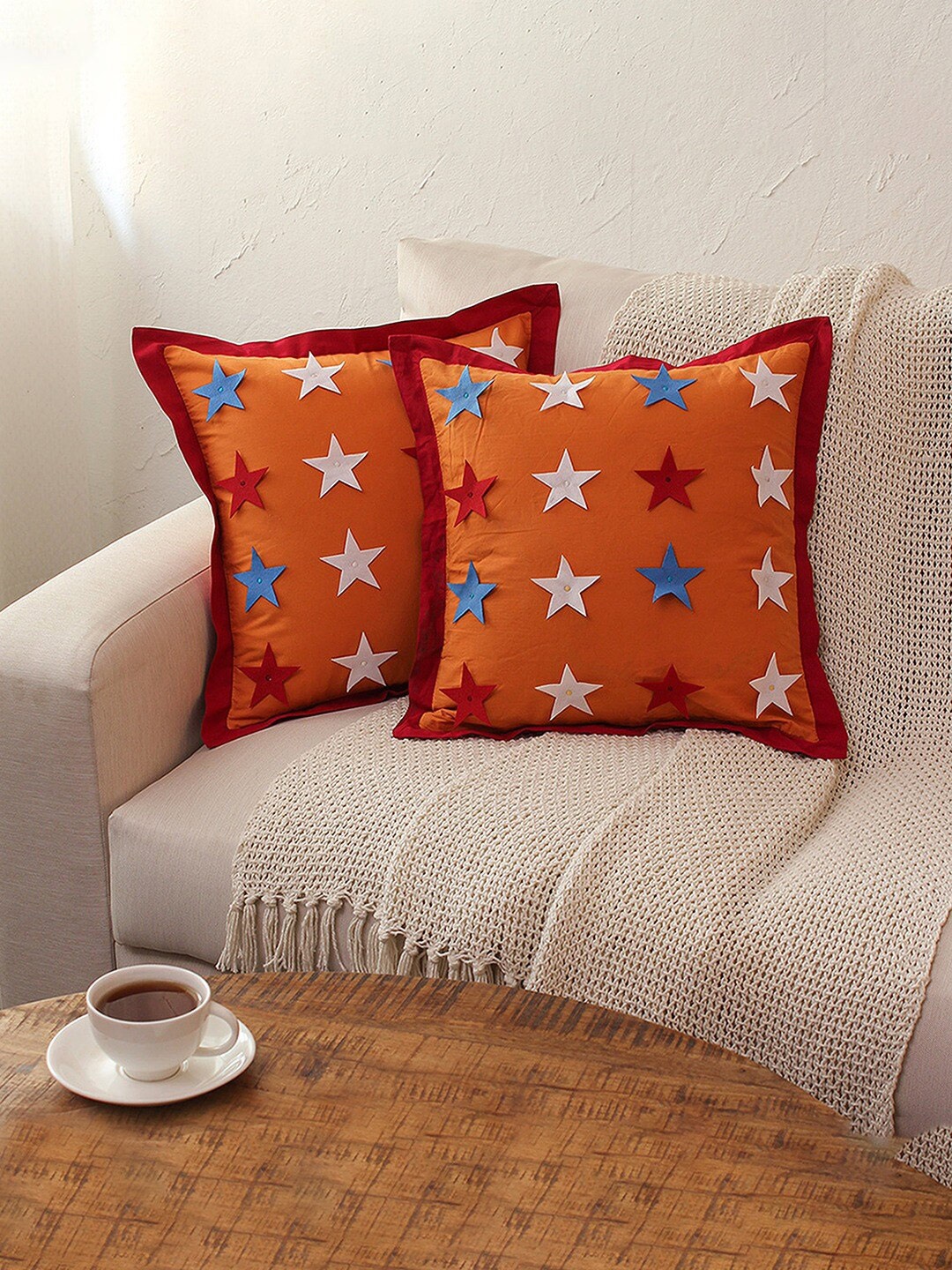 

House This Orange & White 2 Pieces Geometric Printed Cotton Square Cushion Covers