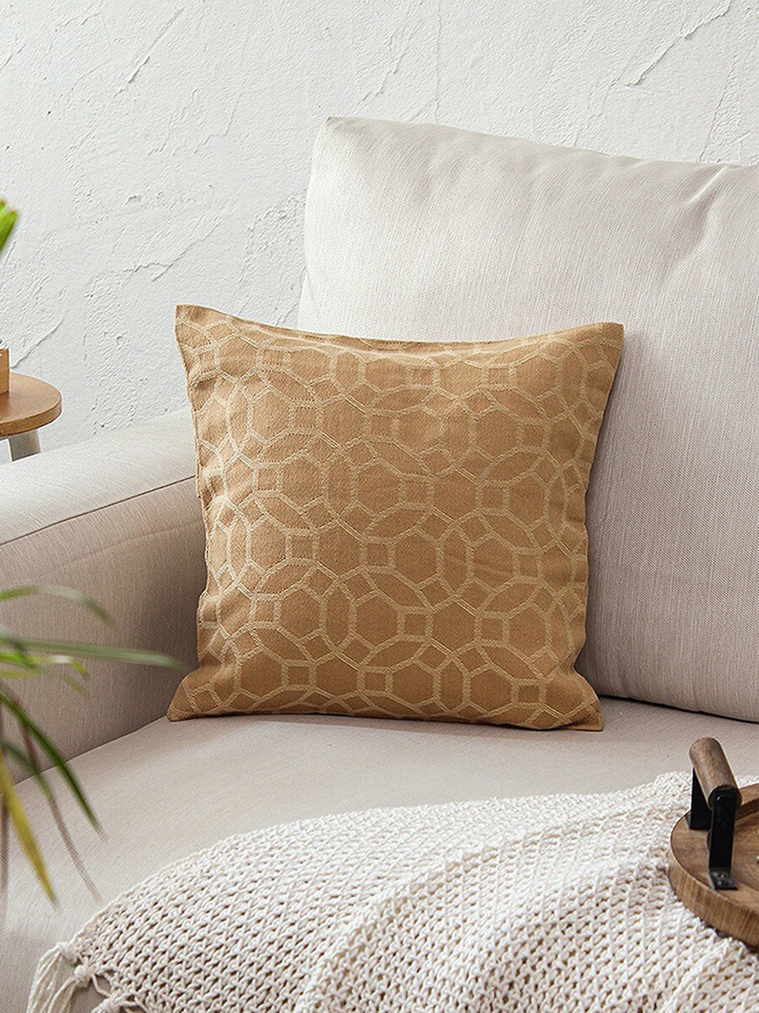 

House This Beige 2 Pieces Geometric Printed Cotton Square Cushion Covers