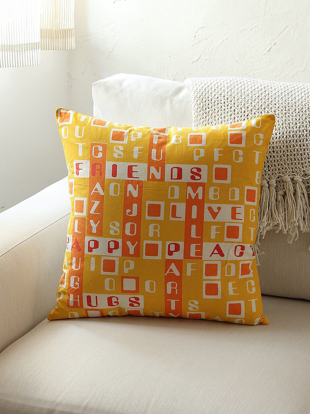 

House This Yellow & Orange 2 Pieces Typography Printed Cotton Square Cushion Covers