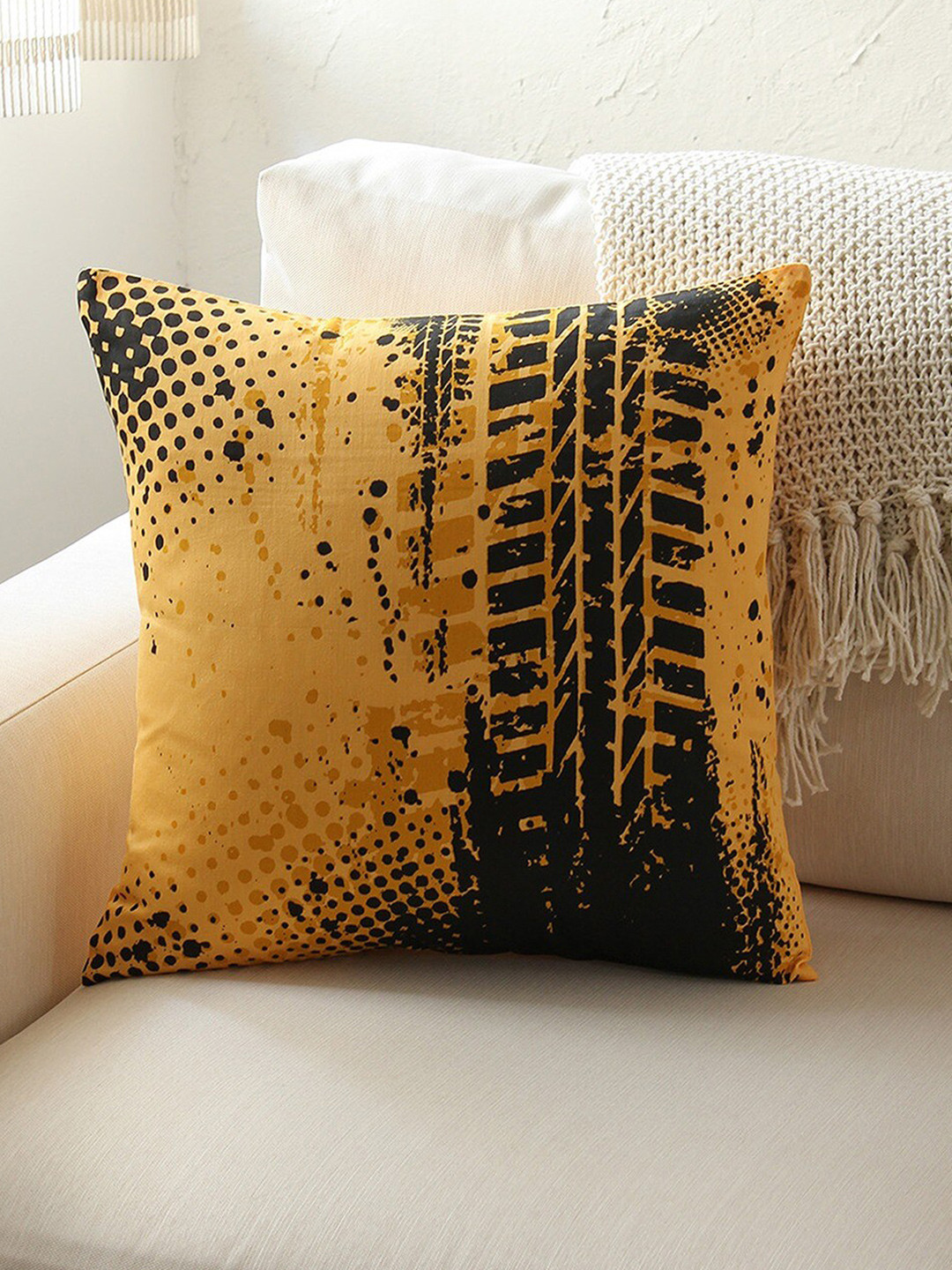 

House This Yellow & Black 2 Pieces Abstract Printed Cotton Square Cushion Covers