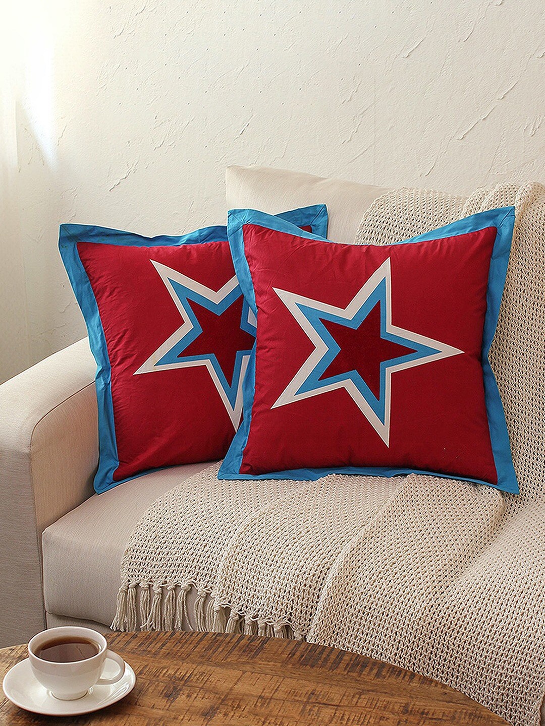 

House This Red & Blue 2 Pieces Geometric Printed Cotton Square Cushion Covers